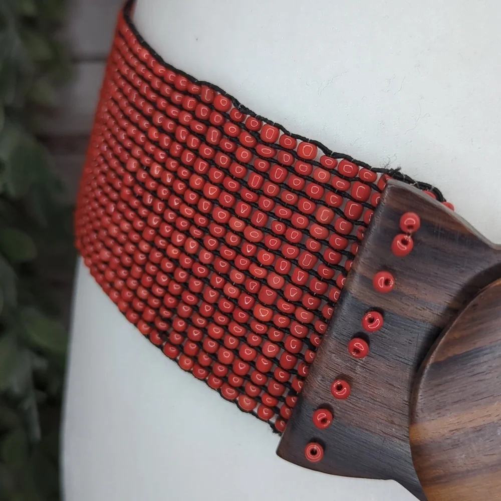 Vtg Glass Bead Wood Stretchy Elastic Belt Burnt Orange‎ Belt Women OS Bohemian